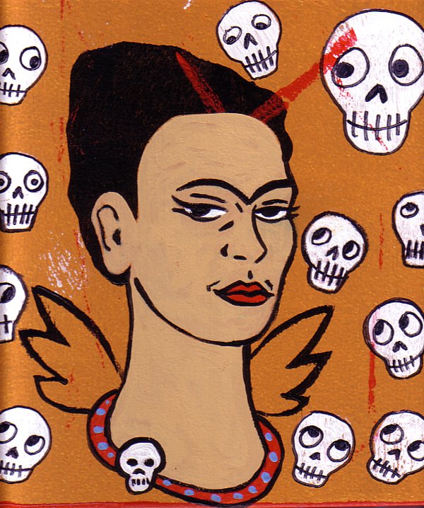 Frida Angel surrounded by skulls